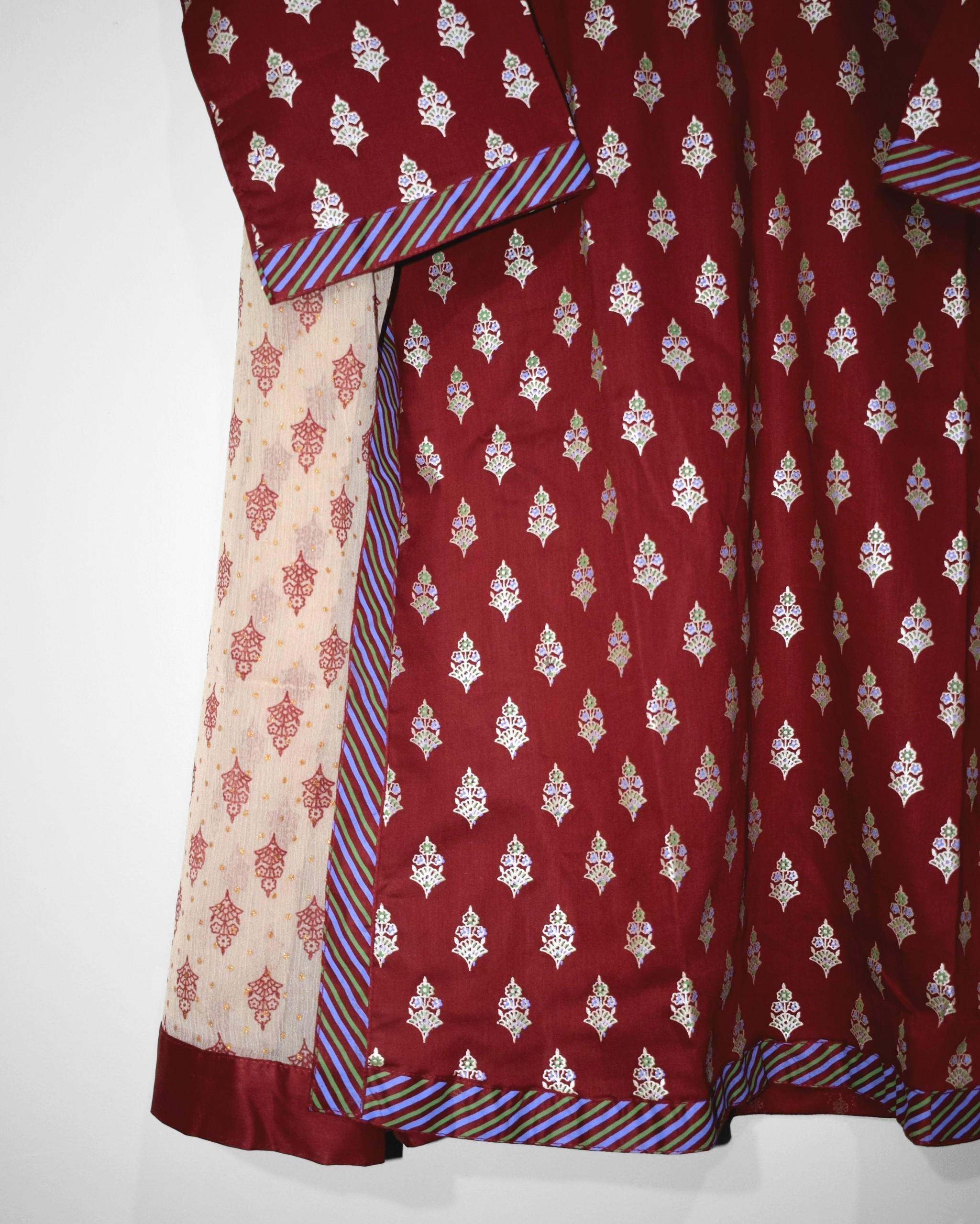 Maroon lawn shirt daman with striped border design detail
