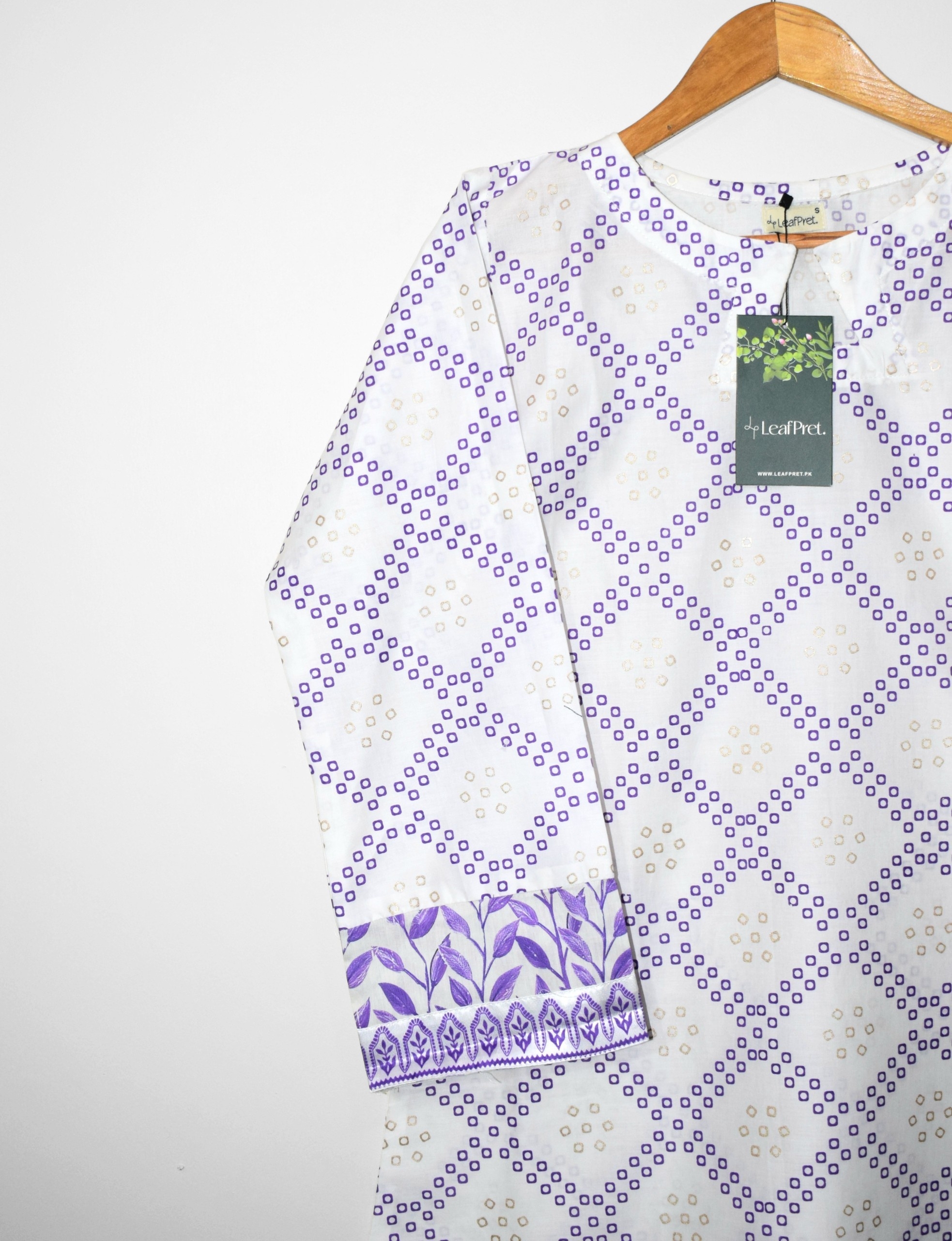 Safina Purple short shirt sleeves with printed border detailing in purple tones
