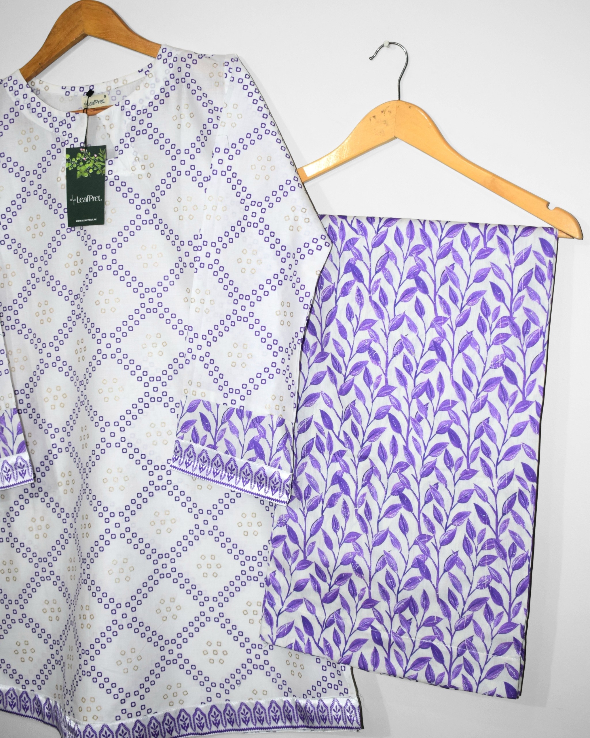 Safina Purple printed palazzo with leafy purple design on soft lawn fabric