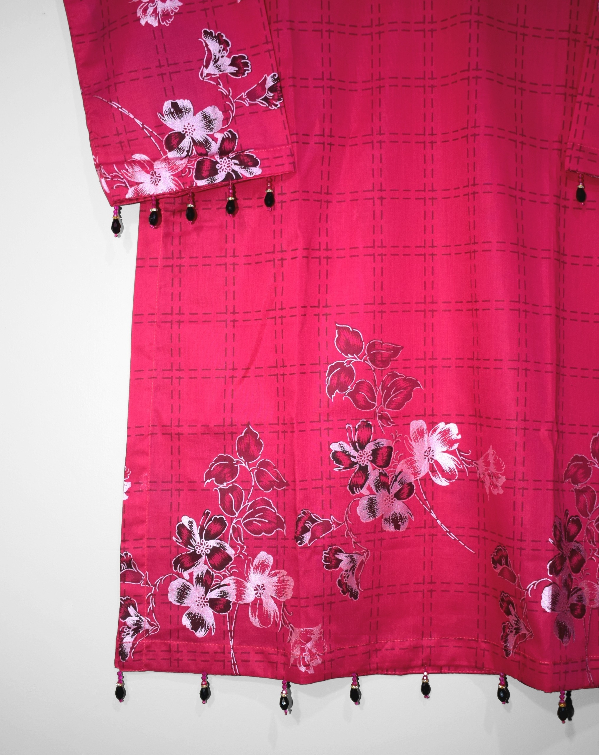 Berry pink lawn shirt daman with floral screen print and bead embellishment detail from Gulberry by LeafPret