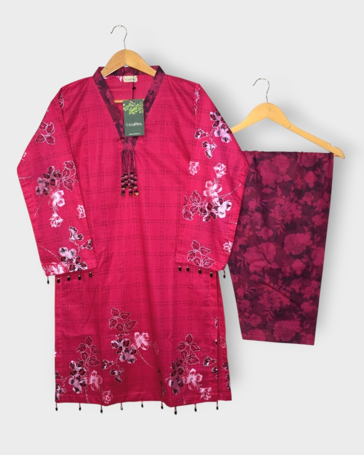 Gulberry 2 piece stitched lawn suit in berry pink color with floral printed shirt and digital printed shalwar by LeafPret Pakistan