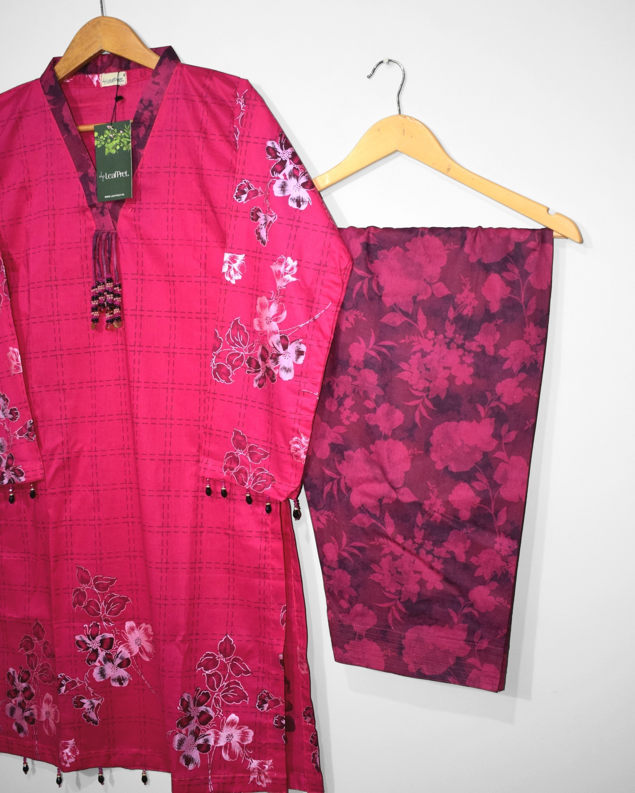 Digital printed lawn shalwar in deep berry floral print paired with Gulberry stitched summer suit by LeafPret Pakistan