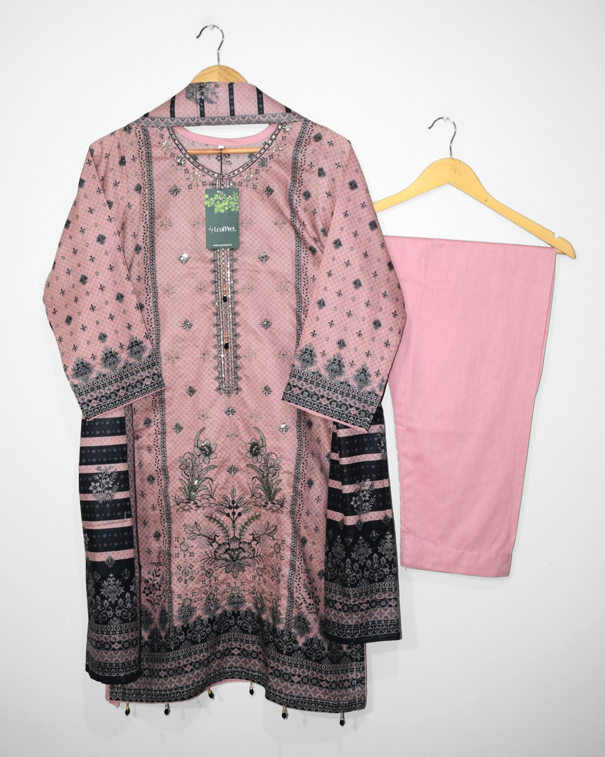 Blush pink 3 piece embroidered lawn stitched suit for Eid in Pakistan with digital printed dupatta and plain trouser by LeafPret