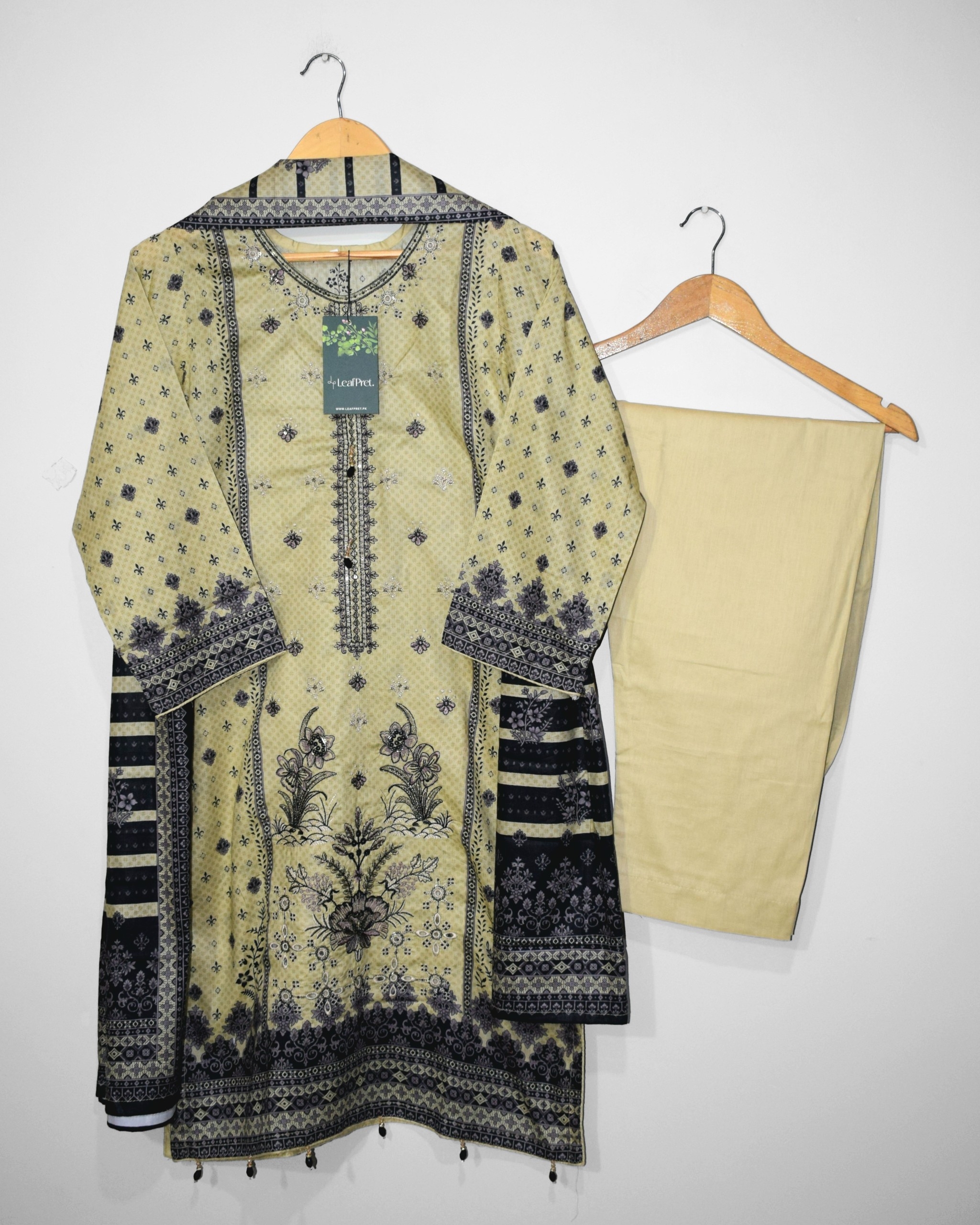 Pastel lemon 3 piece embroidered lawn stitched suit for Eid with digital printed dupatta and plain trouser by LeafPret