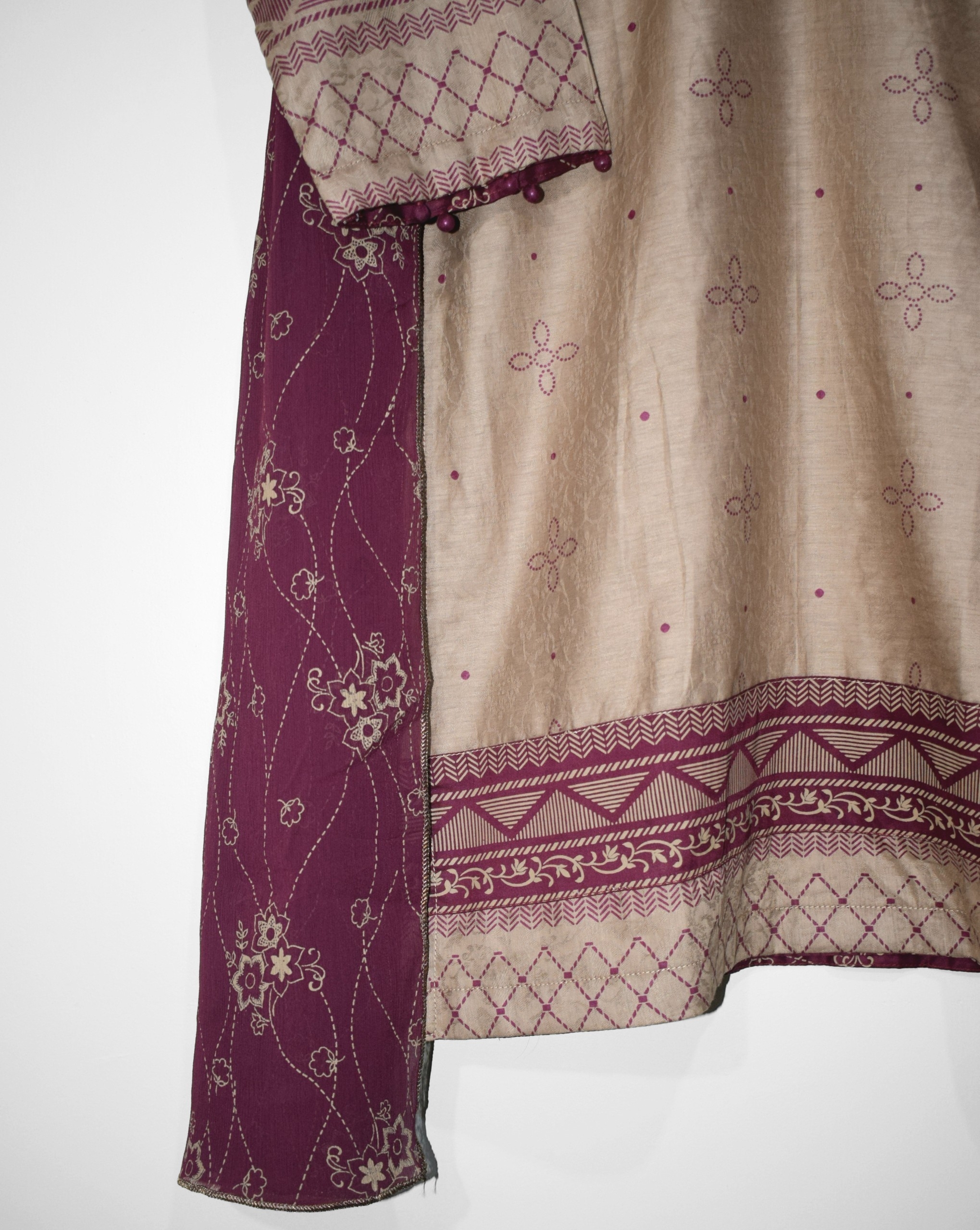 Desert Mauve maroon printed daman border on self jacquard lawn shirt