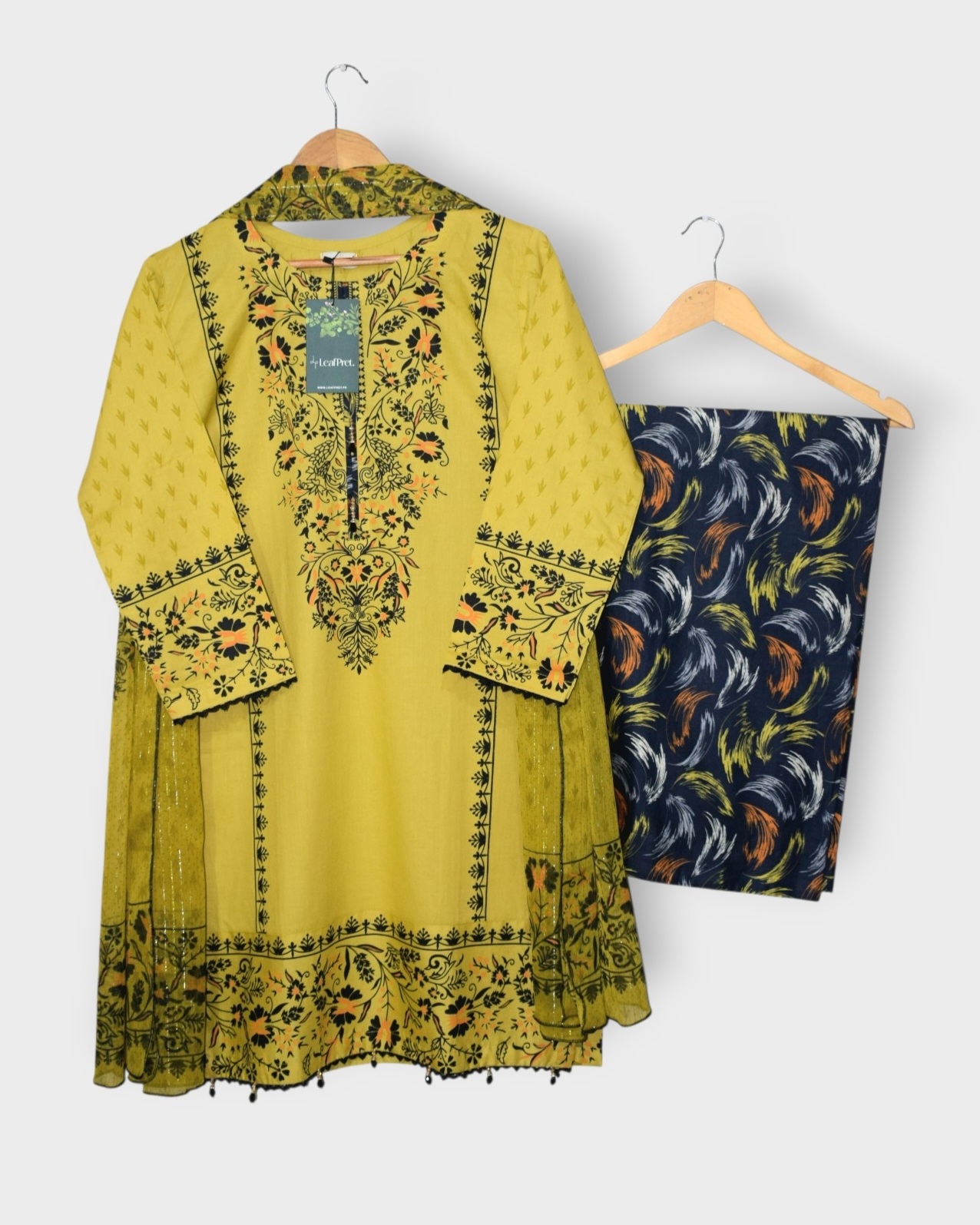 Dhani 3 piece stitched lawn suit Pakistan with chiffon dupatta and printed palazzo by LeafPret