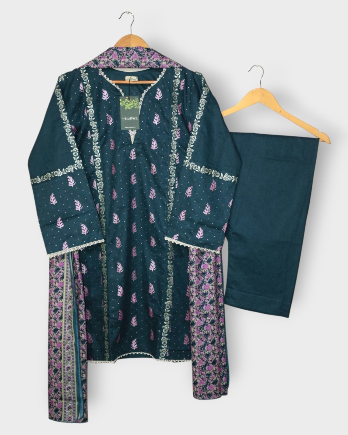 Mahveen 3 piece stitched teal lawn suit with lavender screen print and digital printed dupatta by LeafPret Pakistan