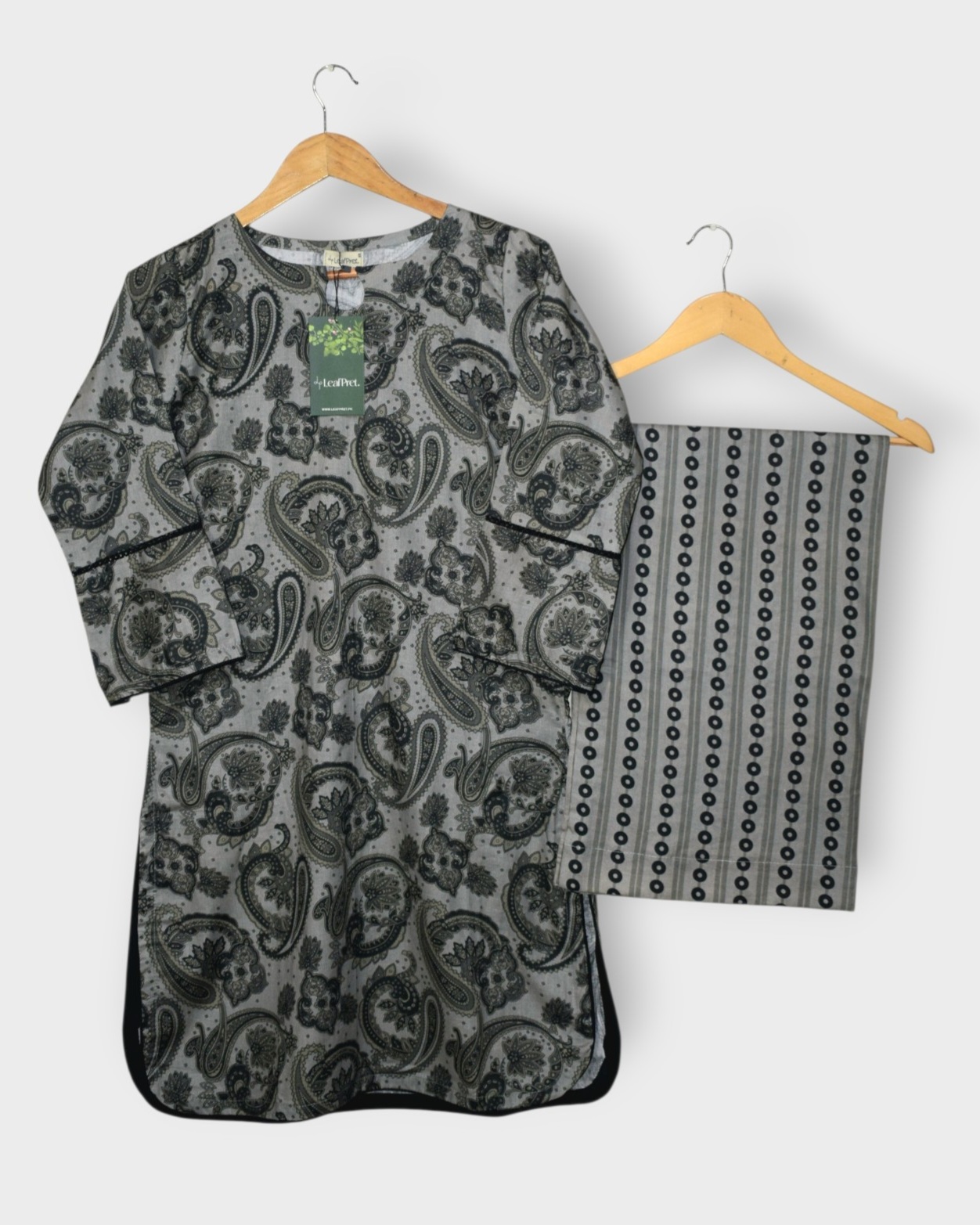 Noir Paisley 2 piece digital printed lawn stitched suit with grey paisley shirt and printed palazzo by LeafPret Pakistan