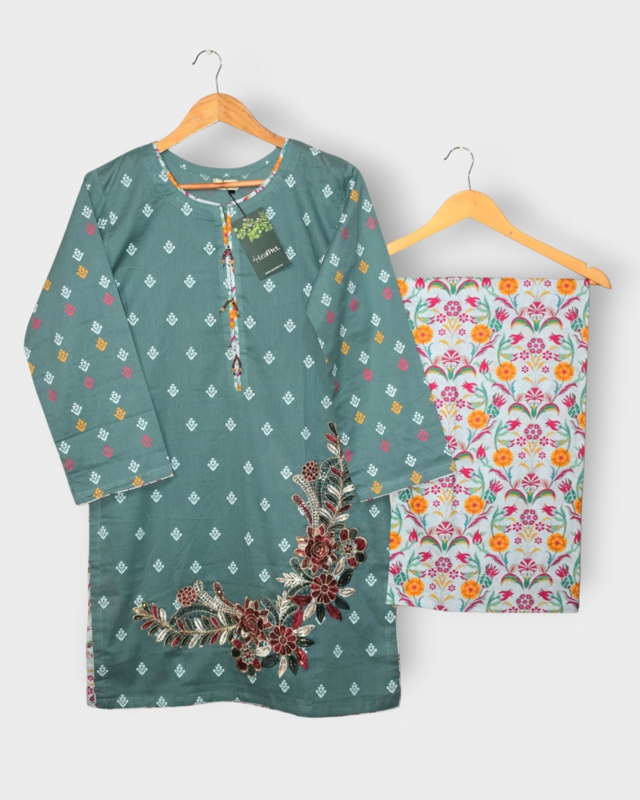 Sea Mist 2 piece embroidered lawn stitched suit with digital printed palazzo by LeafPret