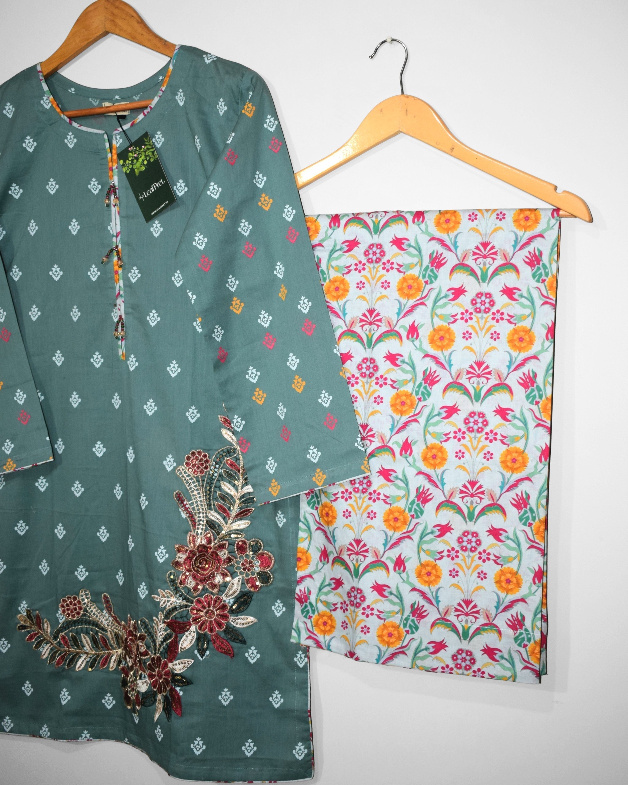 Digital printed floral palazzo of Sea Mist stitched lawn suit