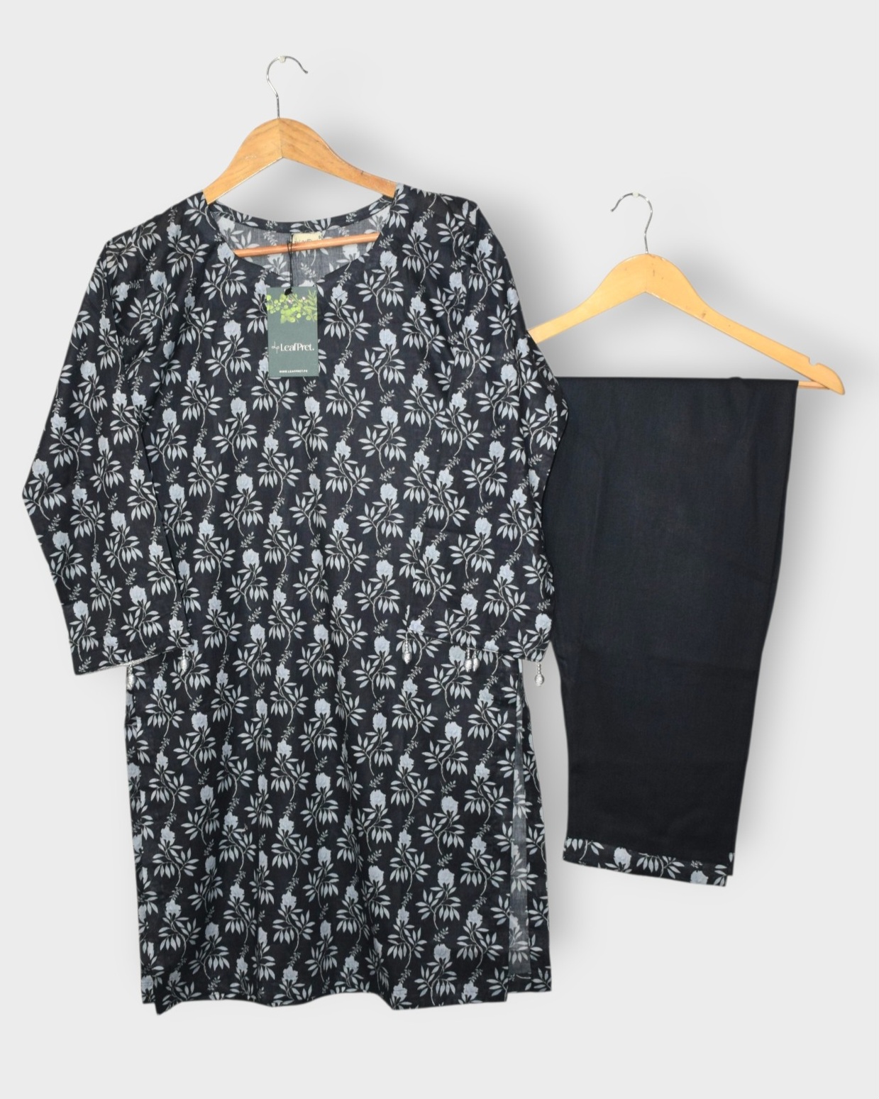 BlackLeaf 2 piece stitched digital printed lawn suit for women in Pakistan featuring a black floral printed lawn shirt with matching plain black trouser, comfortable summer ready-to-wear outfit by LeafPret