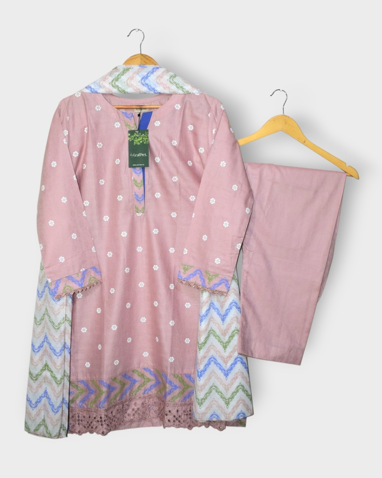 Rose Chevron 3 piece stitched self jacquard lawn suit in blush pink featuring floral screen printed shirt, chikankari embroidery daman border, cotton printed dupatta and matching trouser by LeafPret.