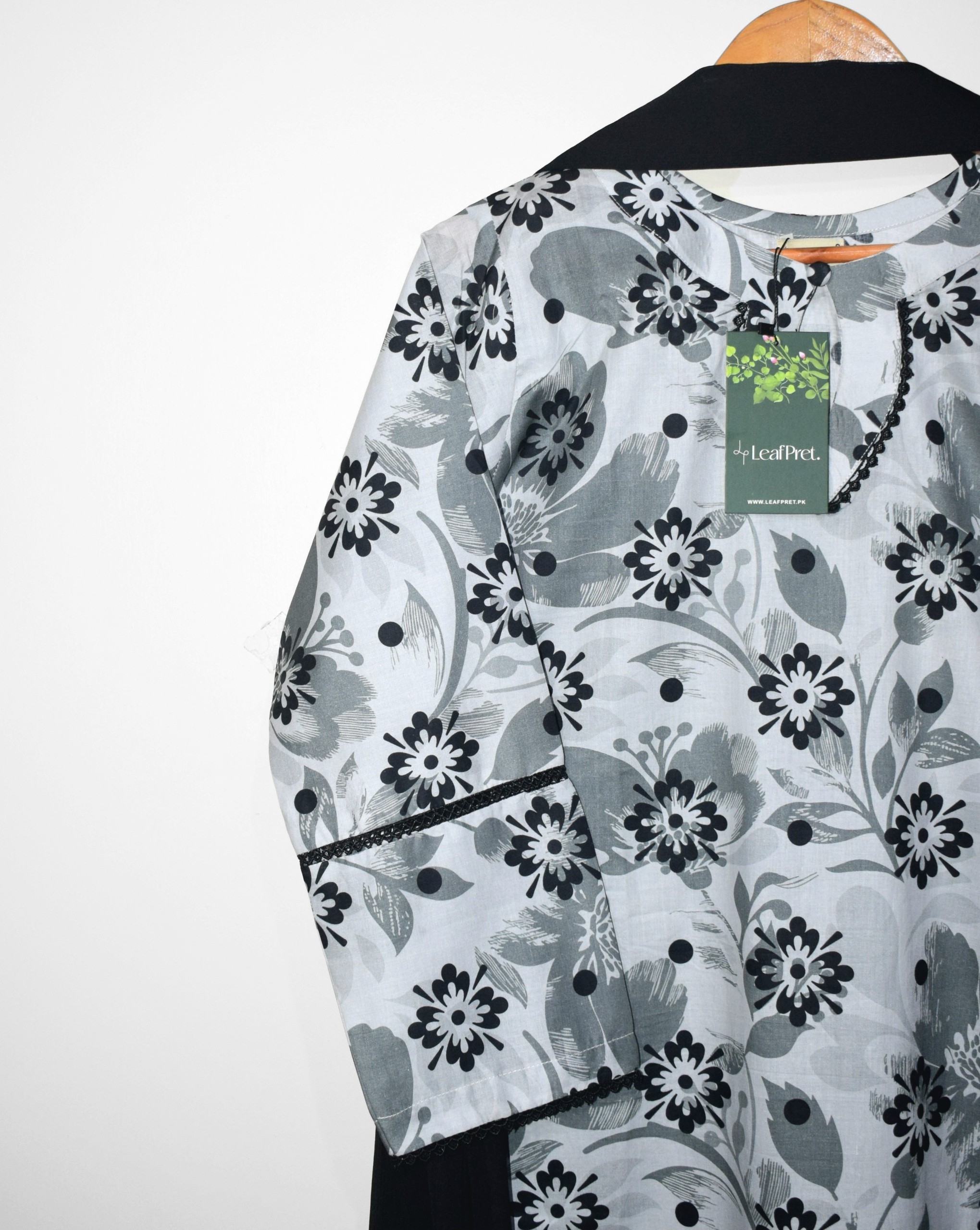 Urban Flora digital printed lawn shirt neckline with floral print and lace detailing
