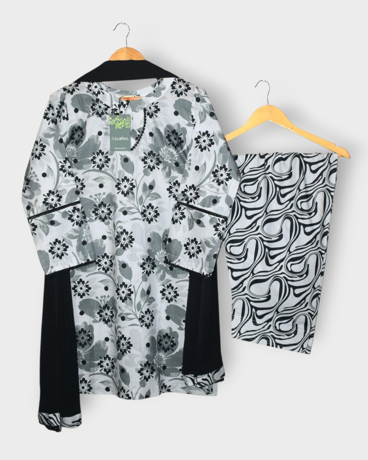 Urban Flora 3 piece digital printed lawn stitched suit with black chiffon dupatta and printed farshi shalwar by LeafPret Pakistan