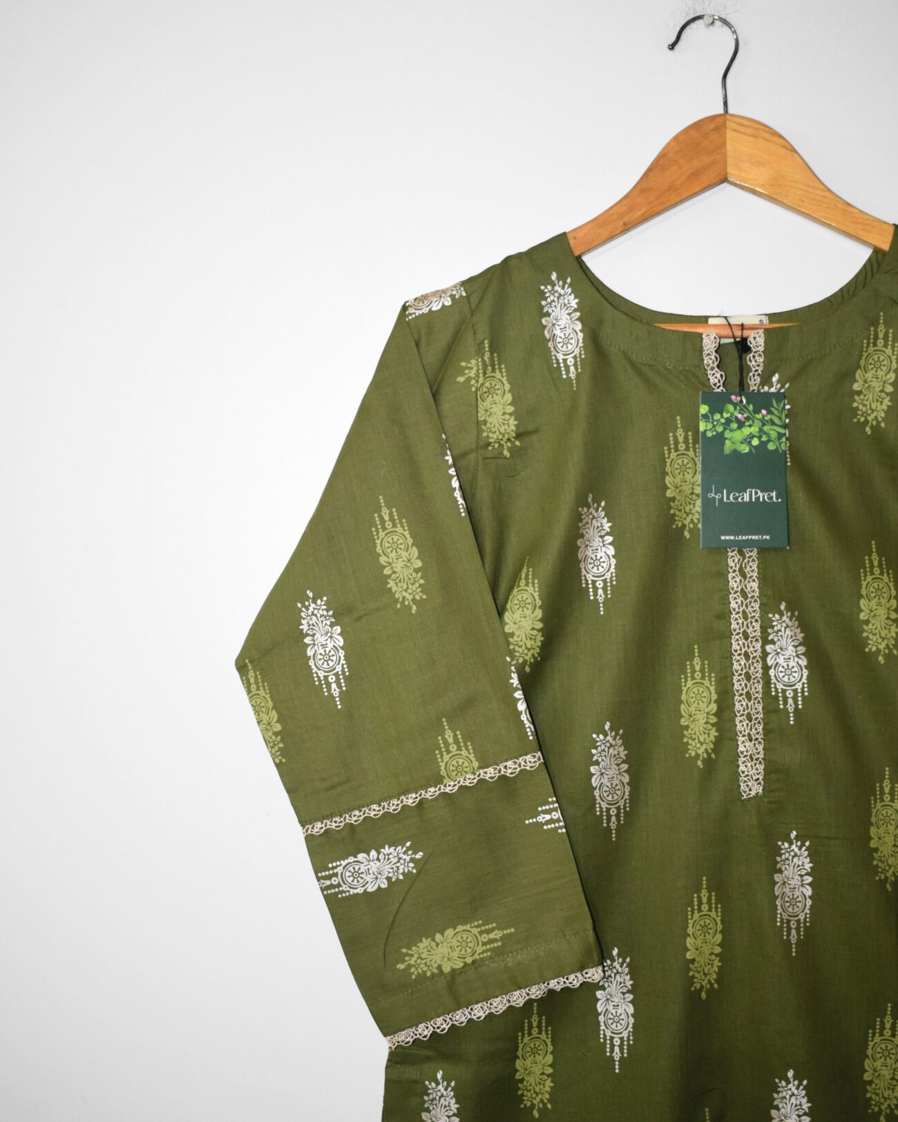 Azadi Special green lawn shirt close-up with lace neckline by LeafPret