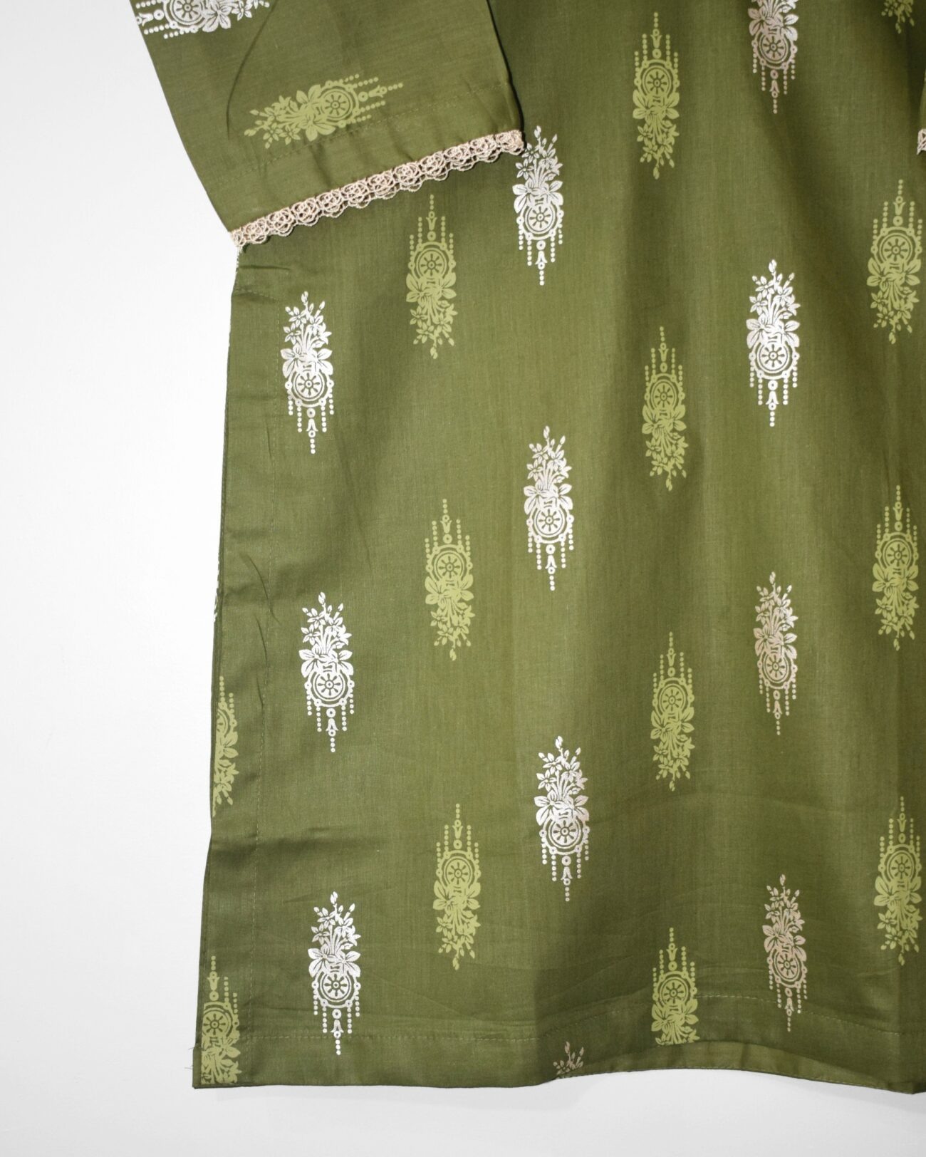 Azadi Special green lawn shirt daman screen print detail by LeafPret