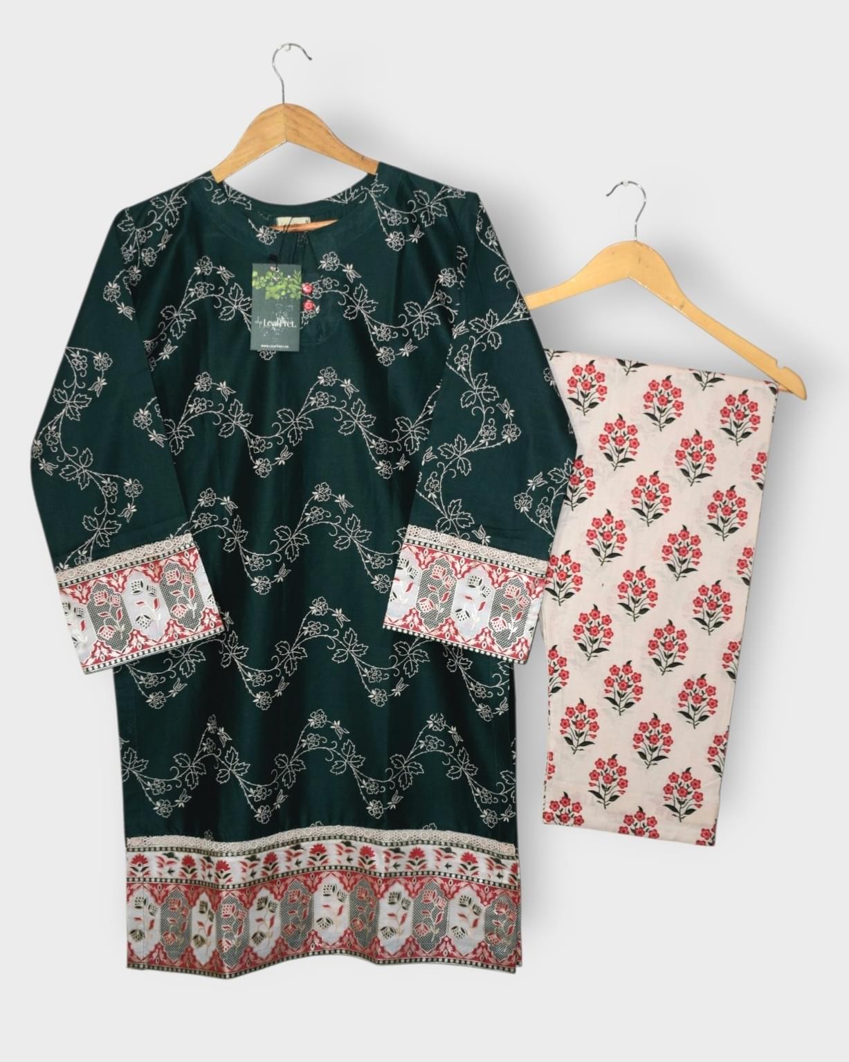 Full view of Emerald premium stitched 2-piece lawn suit featuring elegant floral printed design and soft summer fabric by LeafPret