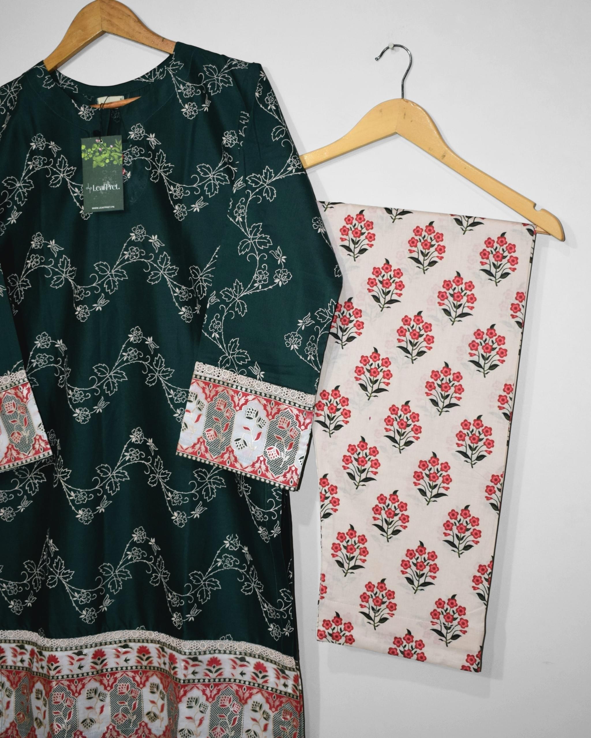 Close-up of Emerald lawn printed trouser with soft floral motifs and lightweight breathable summer fabric