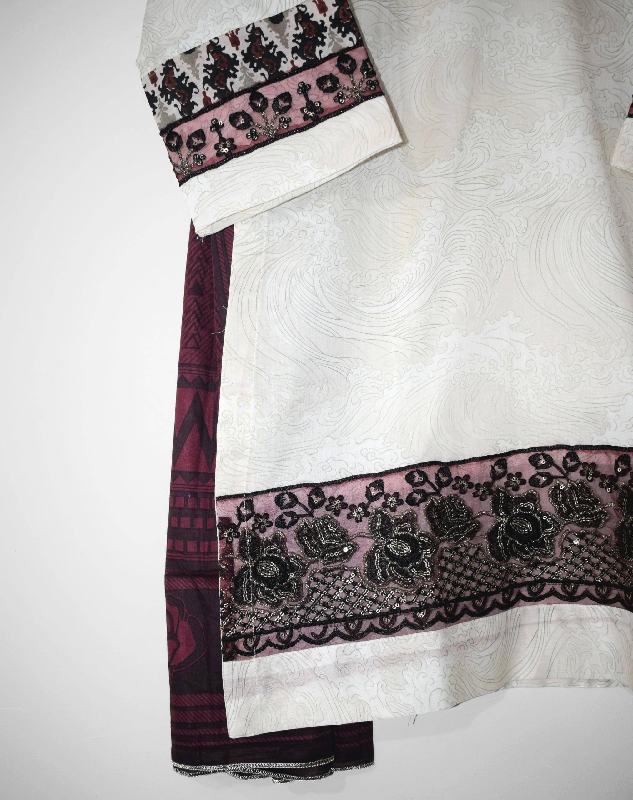 Zaria embroidered lawn shirt daman with premium embroidery border and screen printed detailing.
