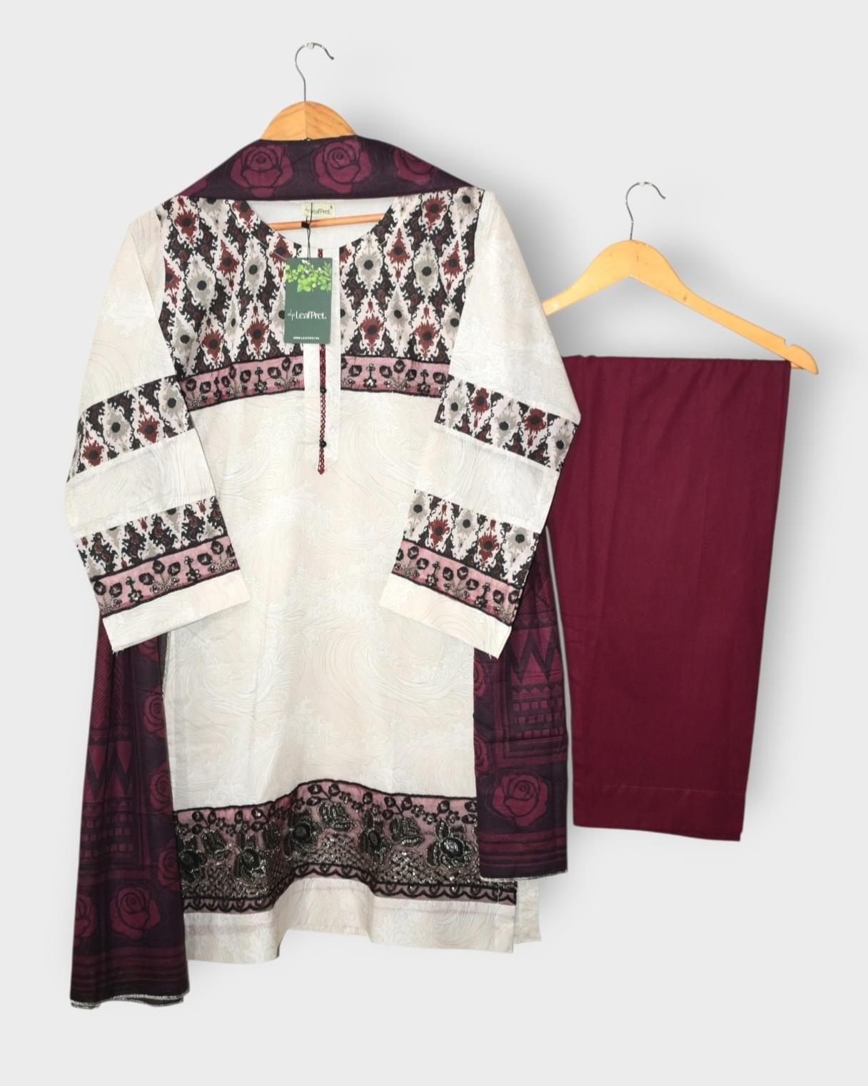 Zaria 3 Piece Lawn Embroidery Suit by LeafPret featuring embroidered lawn shirt, digital printed lawn dupatta and plain burgundy trouser.
