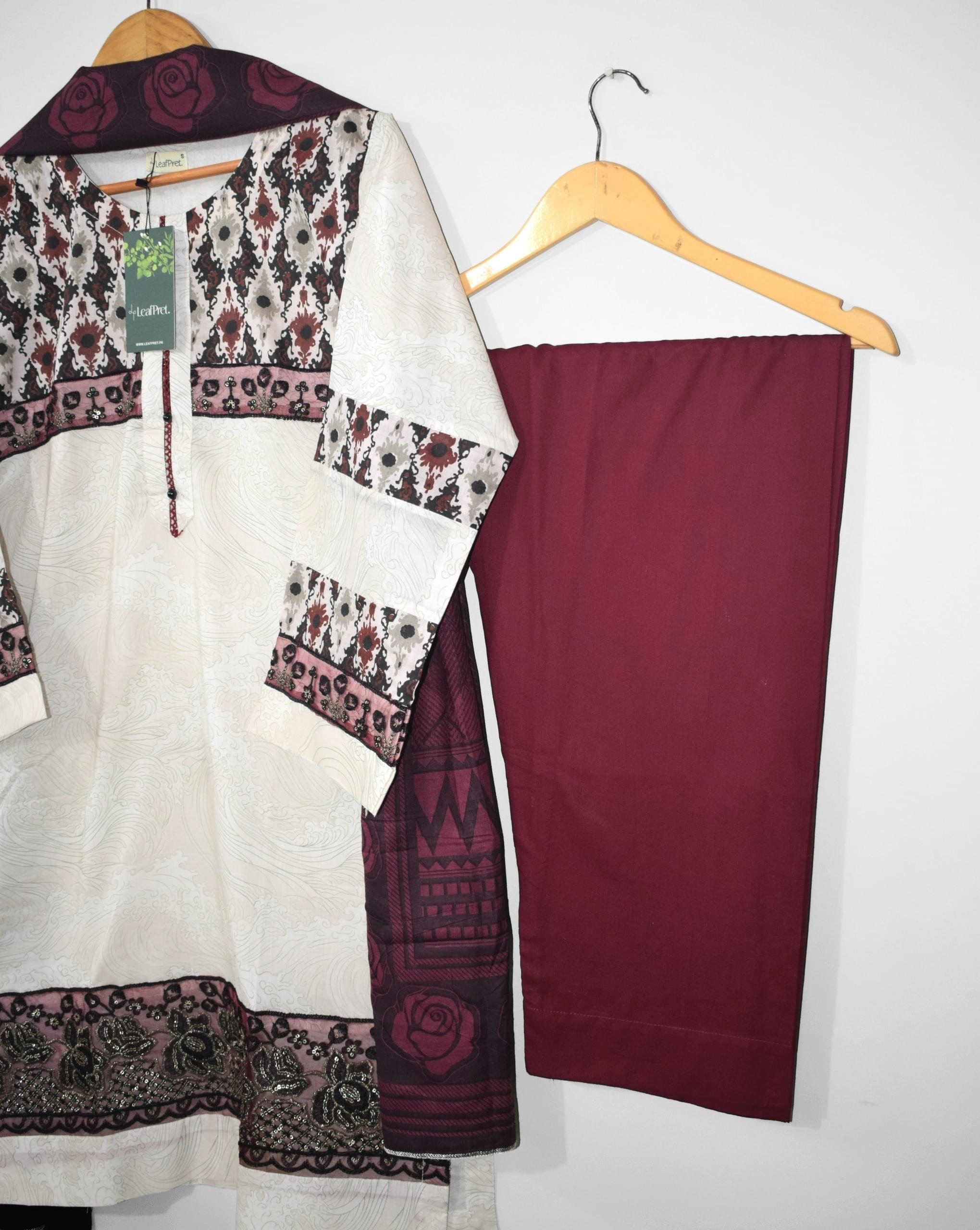 Plain burgundy lawn trouser for Zaria 3 piece embroidered lawn suit by LeafPret.