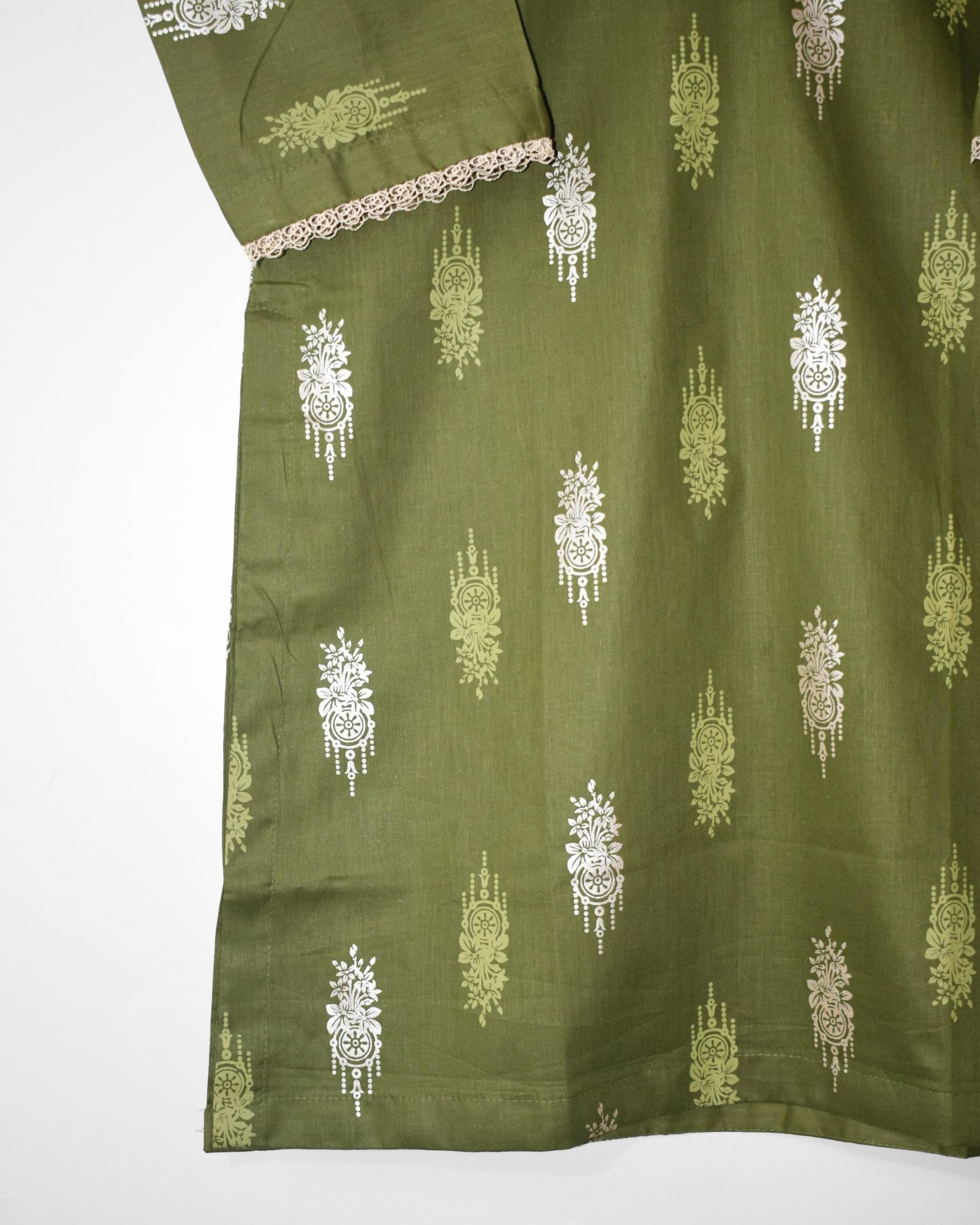 Azadi Special green lawn shirt daman screen print detail by LeafPret