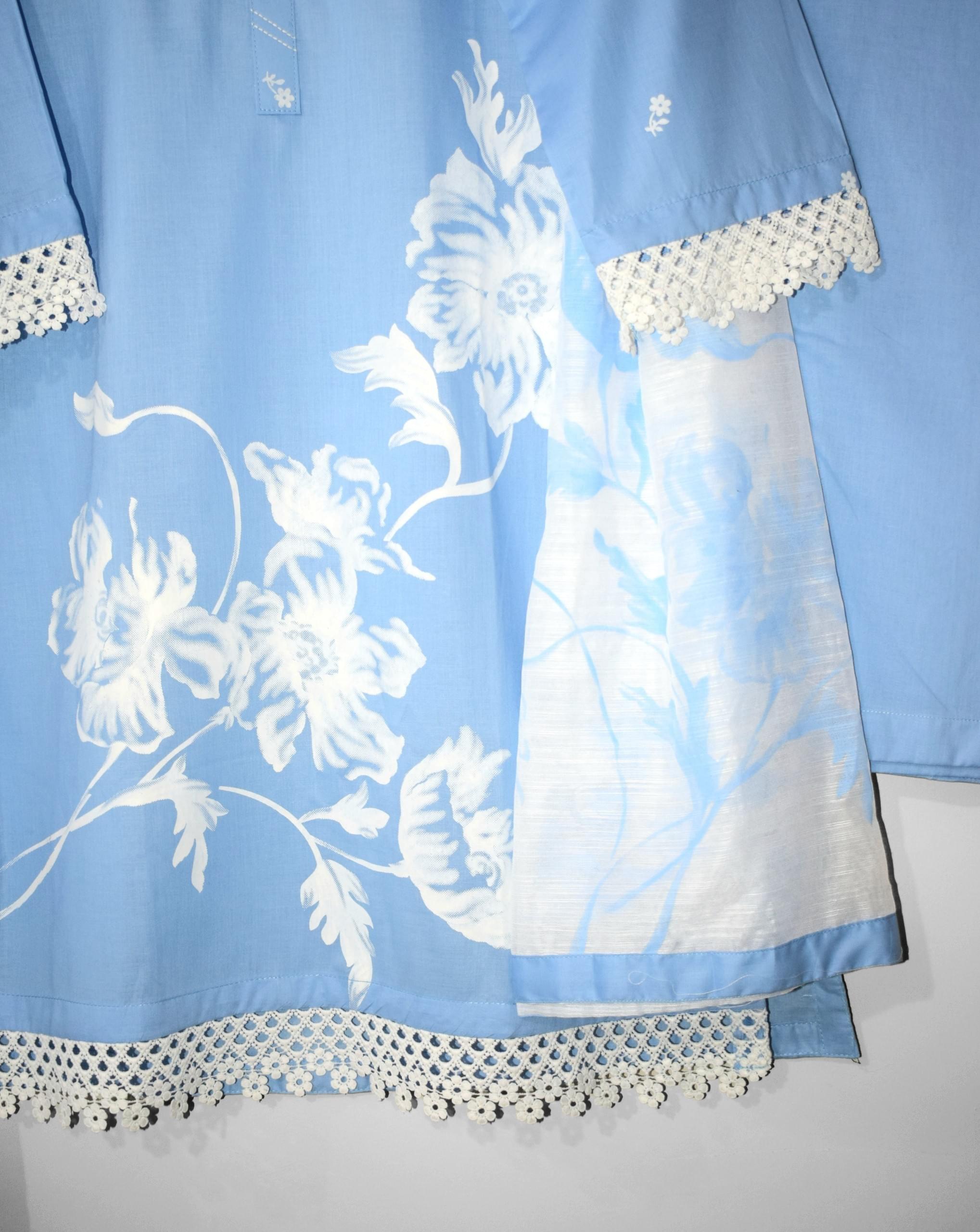 Sky Bloom lawn suit daman with white floral lace detailing